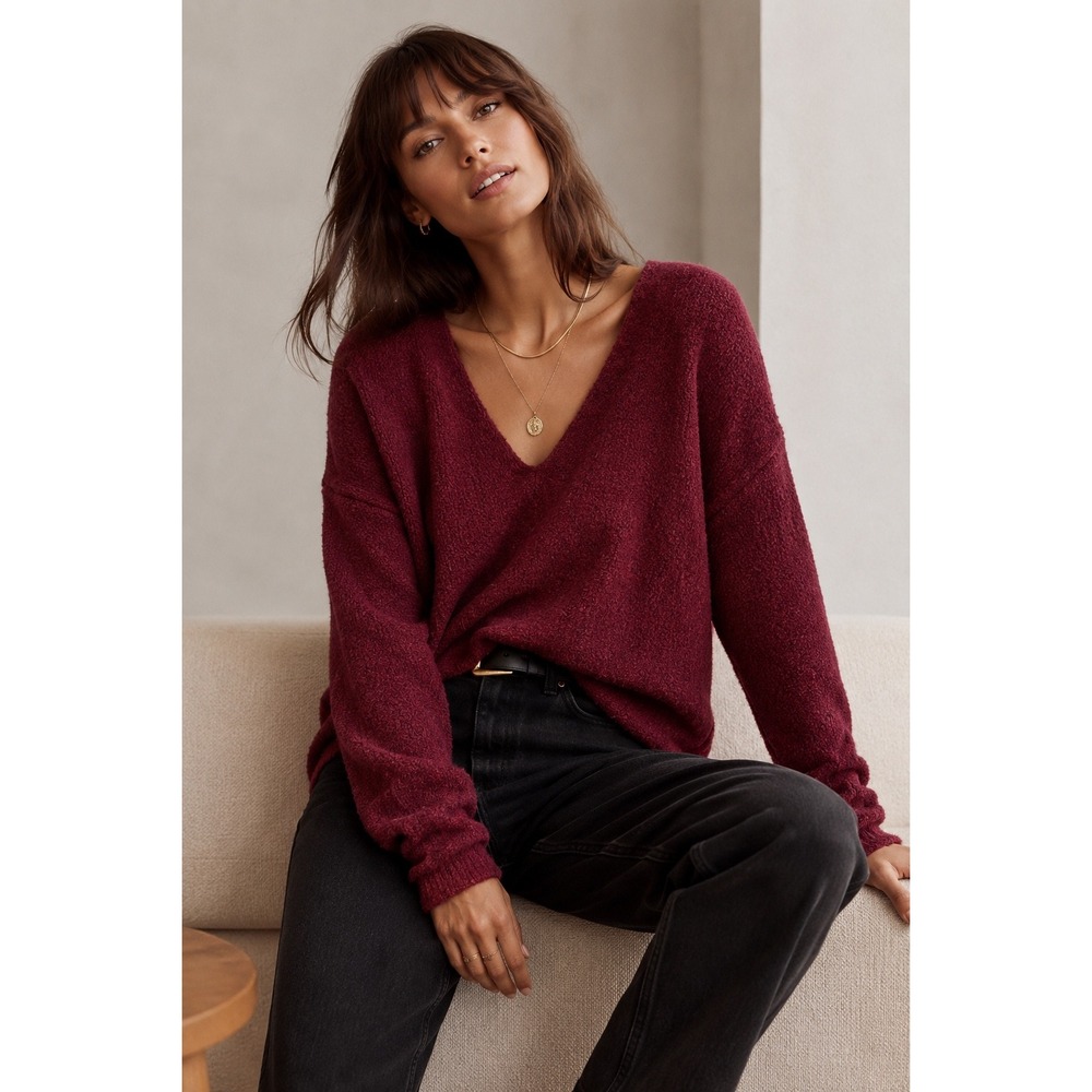 Free People Maroon V-Neck Cozy Knit Sweater